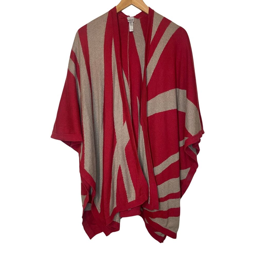 Chico's Boho Red & Beige Geometric Print Cozy Knit Kimono Shawl One Size